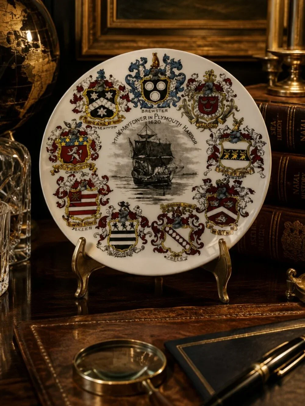 Rare Antique Souvenir Plate of Mayflower Family Coat of Arms of the 9 families
